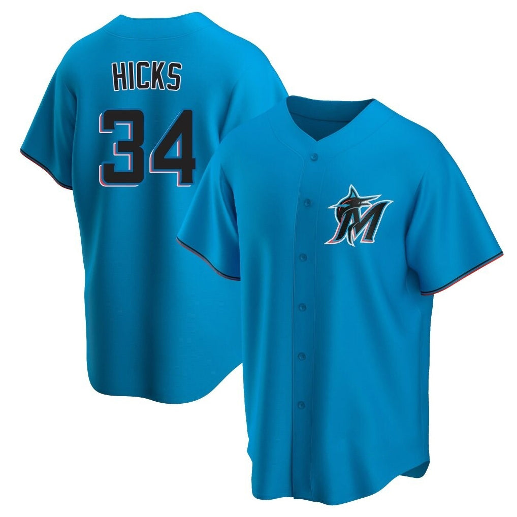 Elroe M.Marlins #34 Liam Hicks Player Blue Home Game Stitched Jerseys