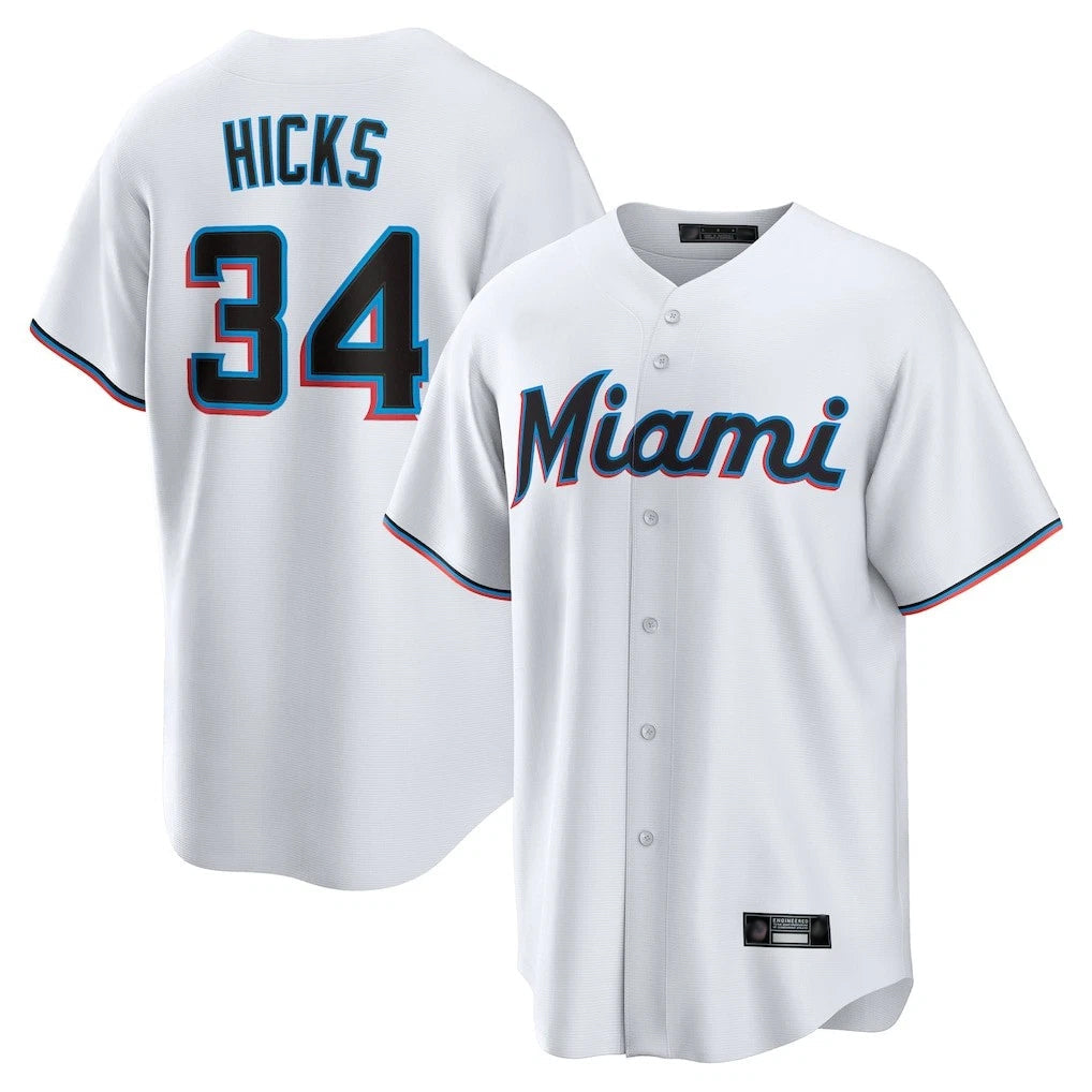 Elroe M.Marlins #34 Liam Hicks Player White  Home Game Stitched Jerseys