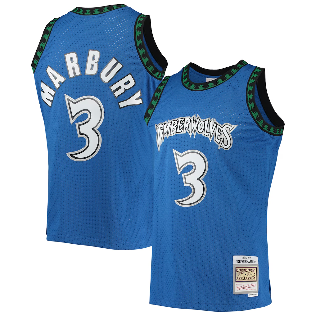Elroe M.Timberwolves #3 Stephon Marbury Mitchell & Ness Blue 1996-1997 Hardwood Classics Swingman Stitched Jerseys