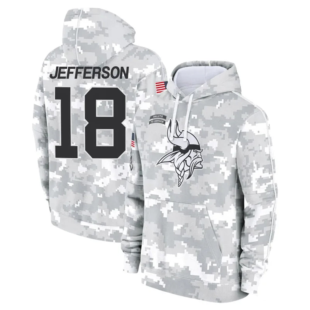 Elroe MN.Vikings #18 Justin Jefferson Player Arctic Camo Salute to Service Pullover Hoodies Limited Game Stitched Jerseys