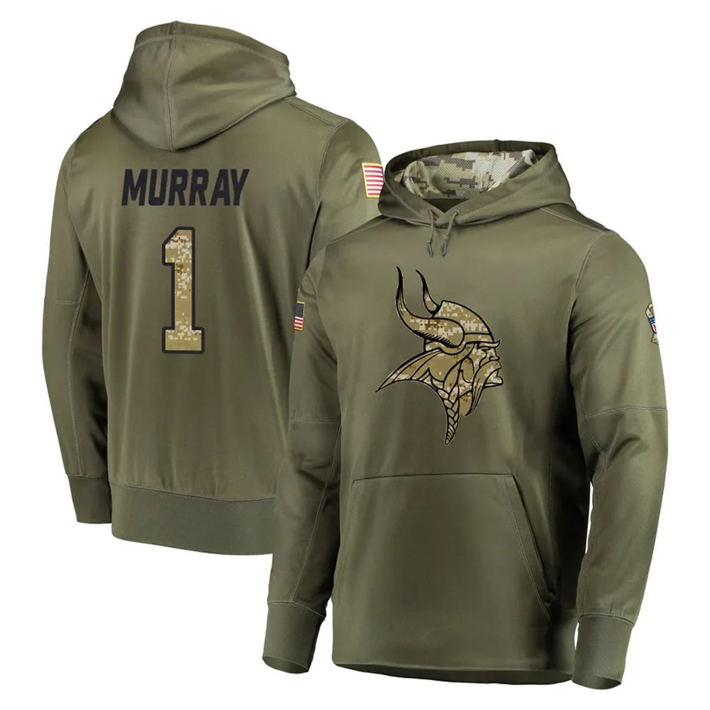 Elroe MN.Vikings #1 Kyler Murray Player Olive Salute to Service Pullover Hoodies Home Game Stitched Jerseys