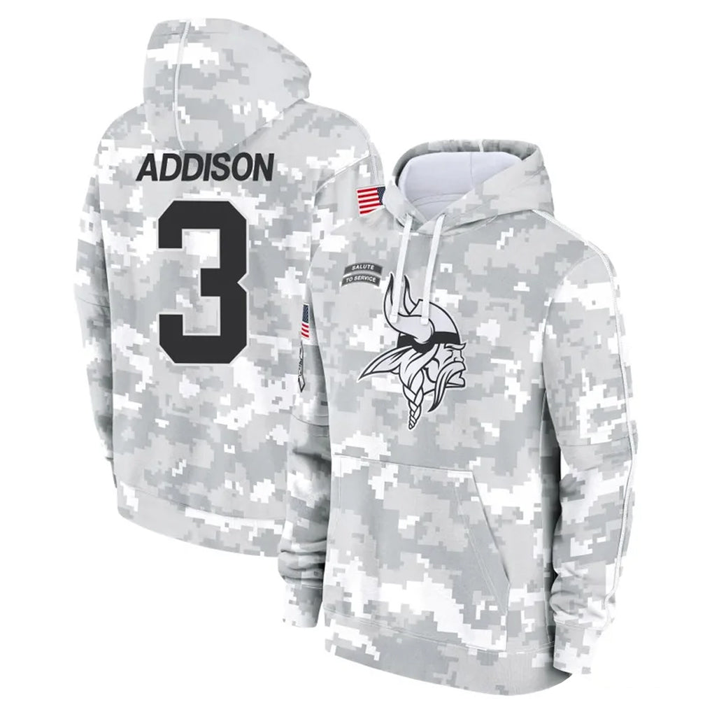 Elroe MN.Vikings #3 Jordan Addison Player Arctic Camo Salute to Service Pullover Hoodies Limited Game Stitched Jerseys