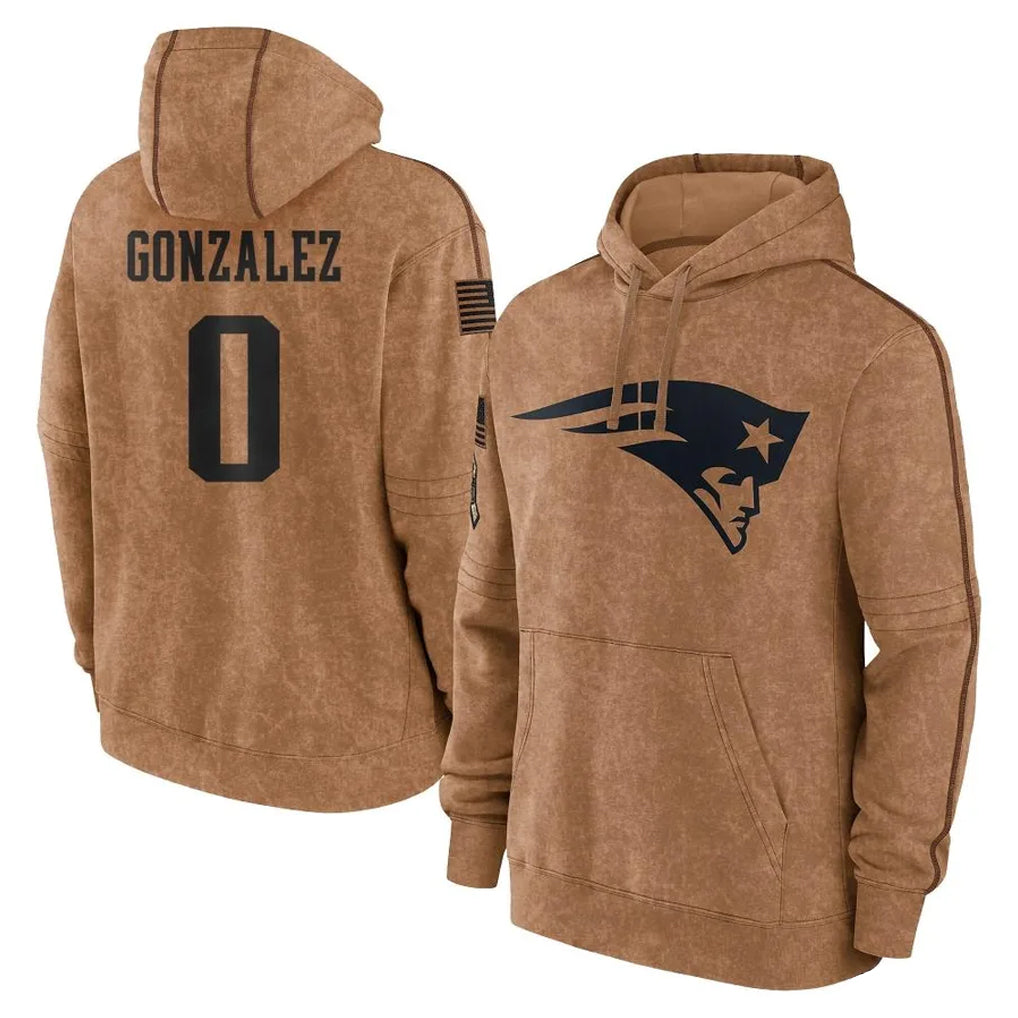 Elroe NE.Patriots #0 Christian Gonzalez Player Brown Salute to Service Pullover Hoodies Limited Game Stitched Jerseys