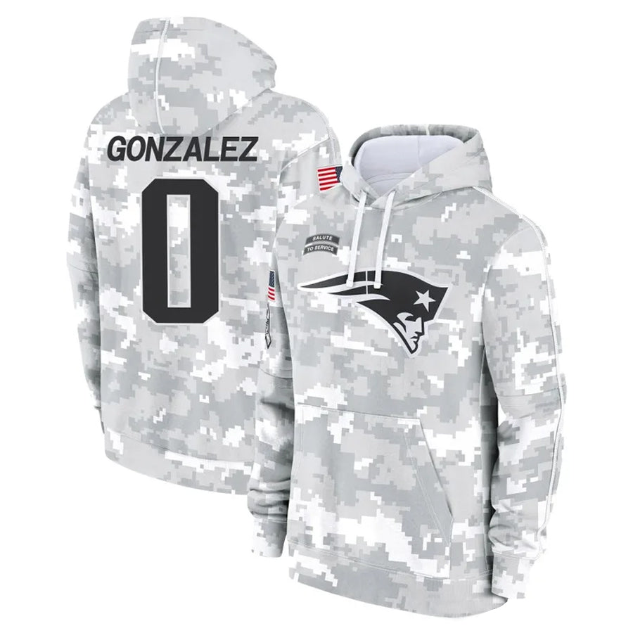 Elroe NE.Patriots #0 Christian Gonzalez Player Salute to Service Hoodies Stitched Jerseys