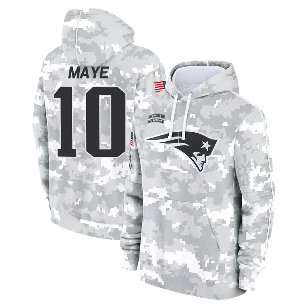 Elroe NE.Patriots #10 Drake Maye Player Arctic Camo Salute to Service Pullover Hoodies Limited Game Stitched Jerseys