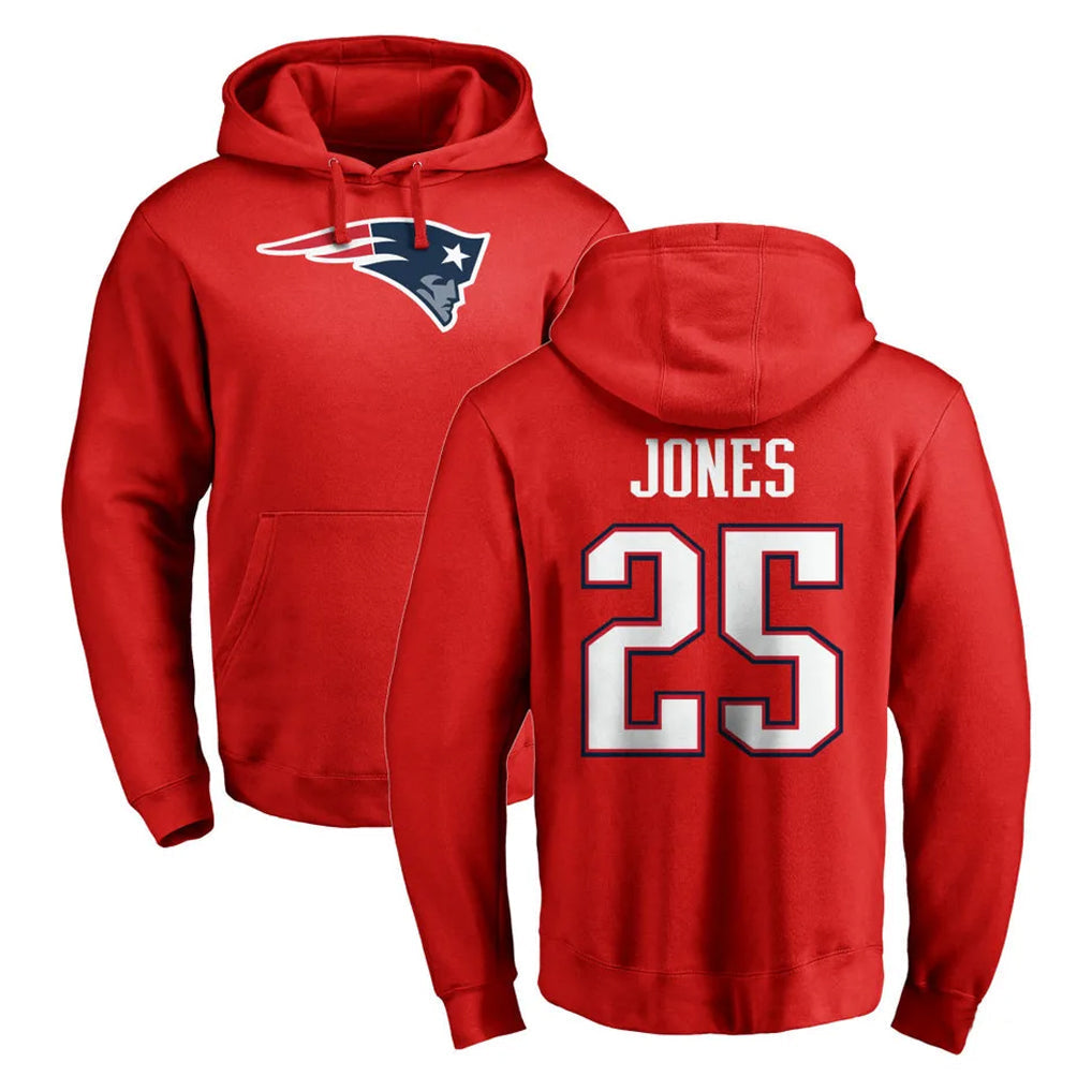 Elroe NE.Patriots #25 Marcus Jones Player Red LOGO Pullover Hoodies Home Game Stitched Jerseys