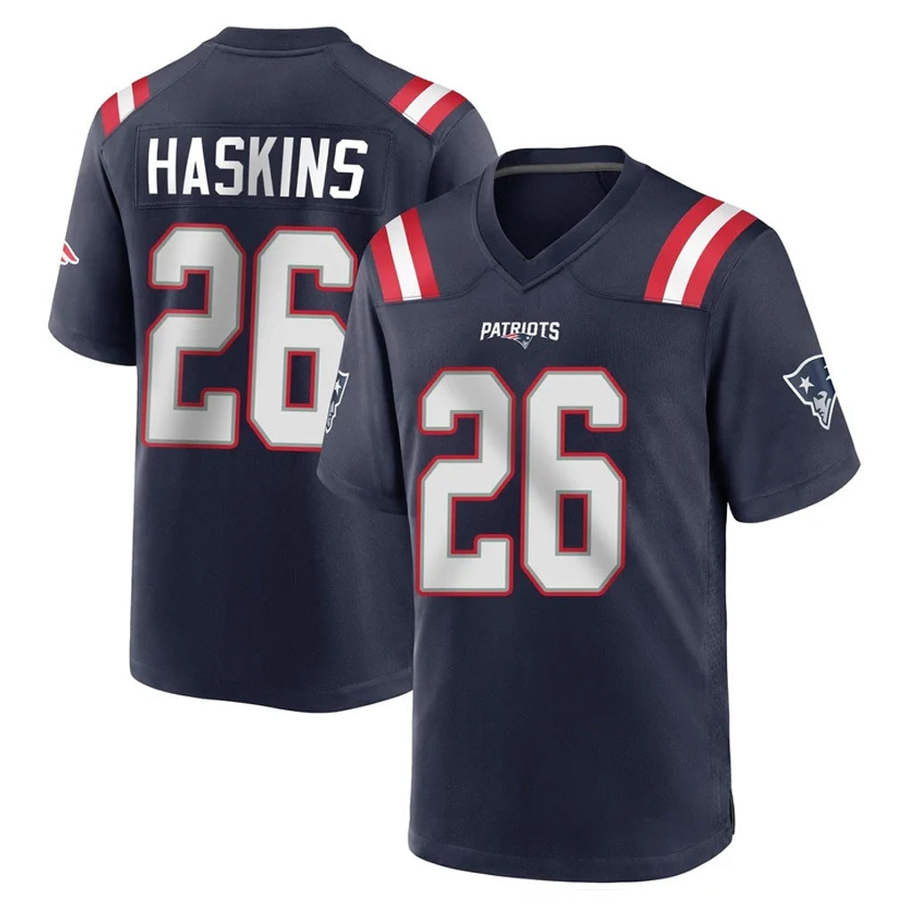 Elroe NE.Patriots #26 Hassan Haskins Navy Home Game Stitched Jerseys