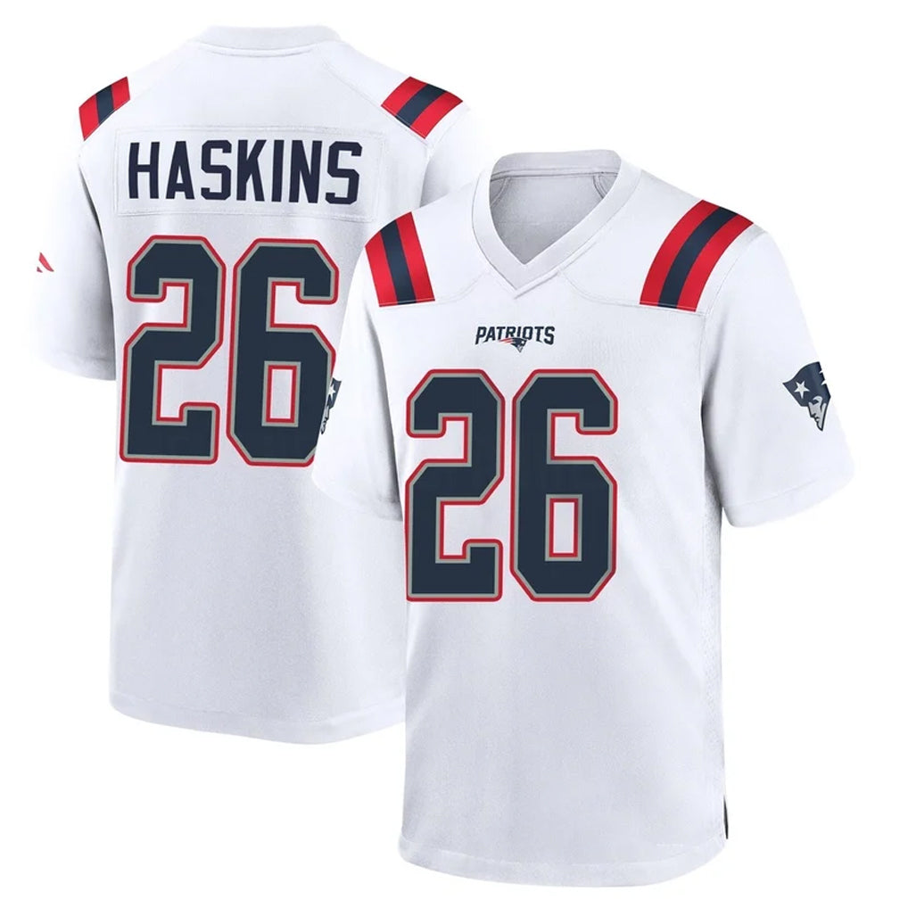 Elroe NE.Patriots #26 Hassan Haskins Player White Home Game Stitched Jerseys