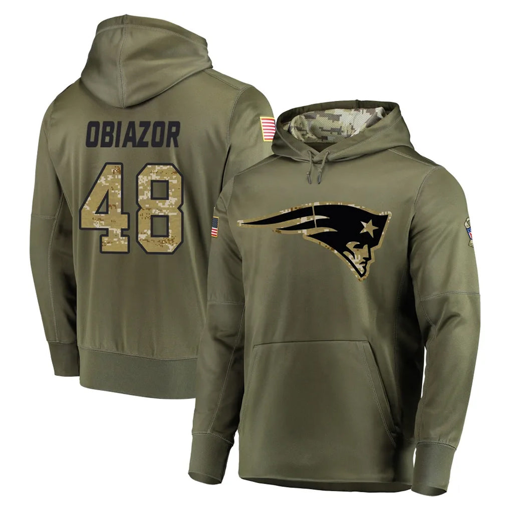 Elroe NE.Patriots #48 Namdi Obiazor Player Olive Salute to Service Pullover Hoodies Home Game Stitched Jerseys