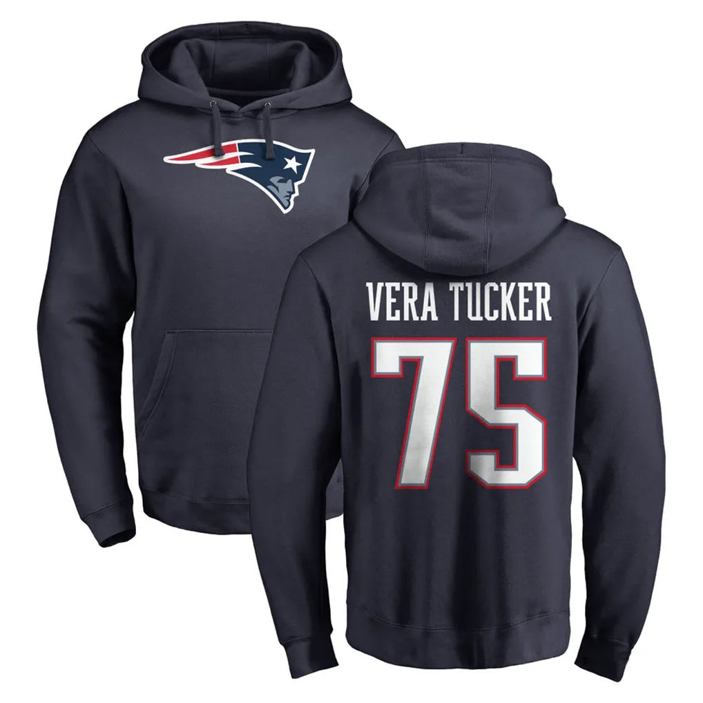Elroe NE.Patriots #75 Alijah Vera-Tucker Player Navy LOGO Pullover Hoodies Home Game Stitched Jerseys