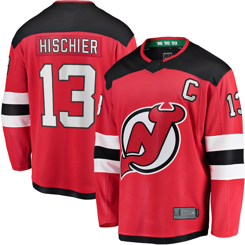 Elroe N.Jersey Devils #13 Nico Hischier Red Captain Patch Home Breakaway Jerseys