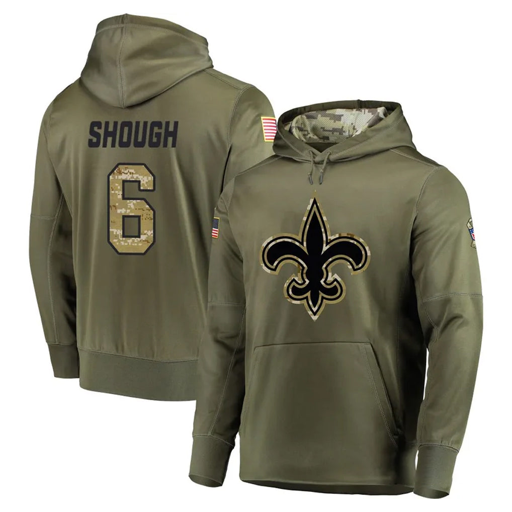 Elroe NO.Saints #6 Tyler Shough Player Olive Salute to Service Pullover Hoodies Home Game Stitched Jerseys