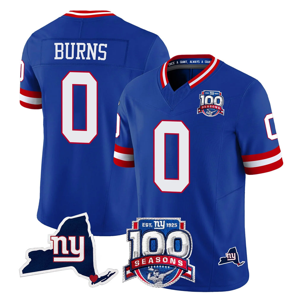 Elroe NY.Giants #0 Brian Burns Player Royal 100th Season & State Patch Vapor Limited Home Game Stitched Jerseys