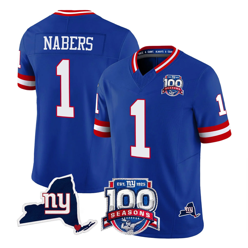 Elroe NY.Giants #1 Malik Nabers Player Royal 100th Season & State Patch Vapor Limited Home Game Stitched Jerseys