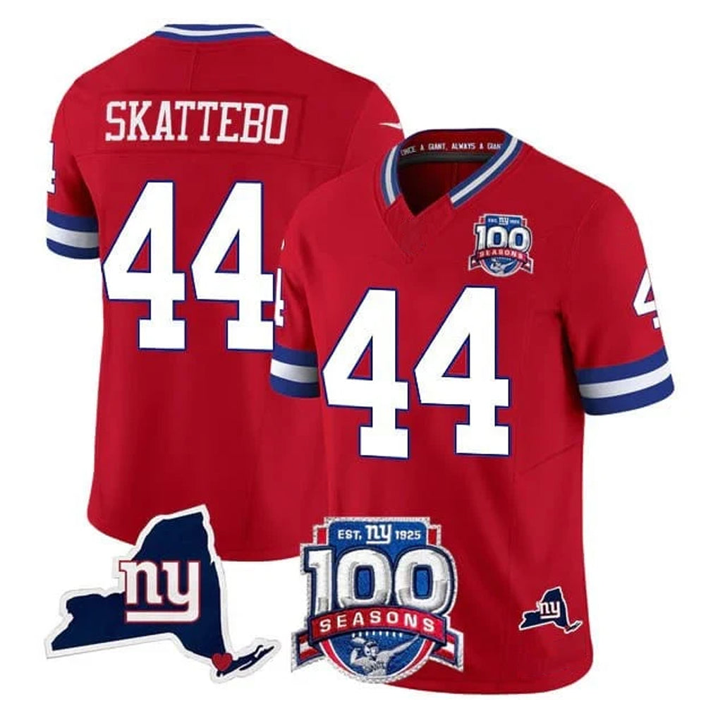 Elroe NY.Giants #44 Cam Skattebo Player Red 100th Season & State Patch Vapor Limited Home Game Stitched Jerseys
