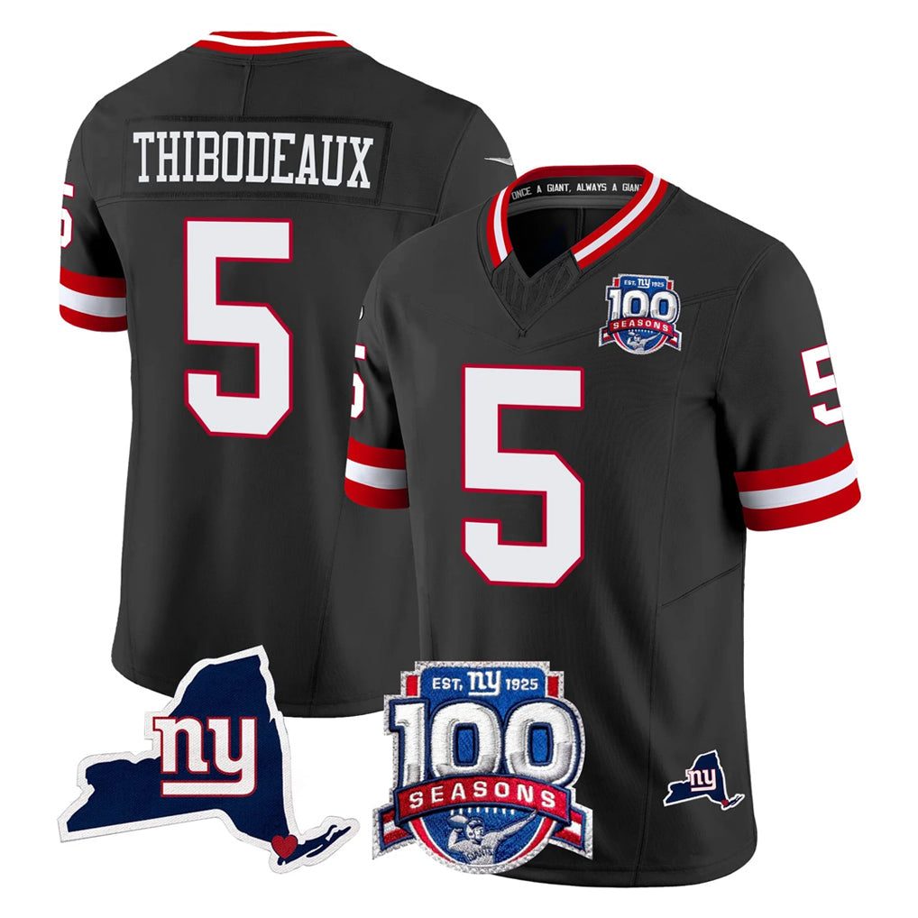 Elroe NY.Giants #5 Kayvon Thibodeaux Player Black 100th Season & State Patch Vapor Limited Home Game Stitched Jerseys