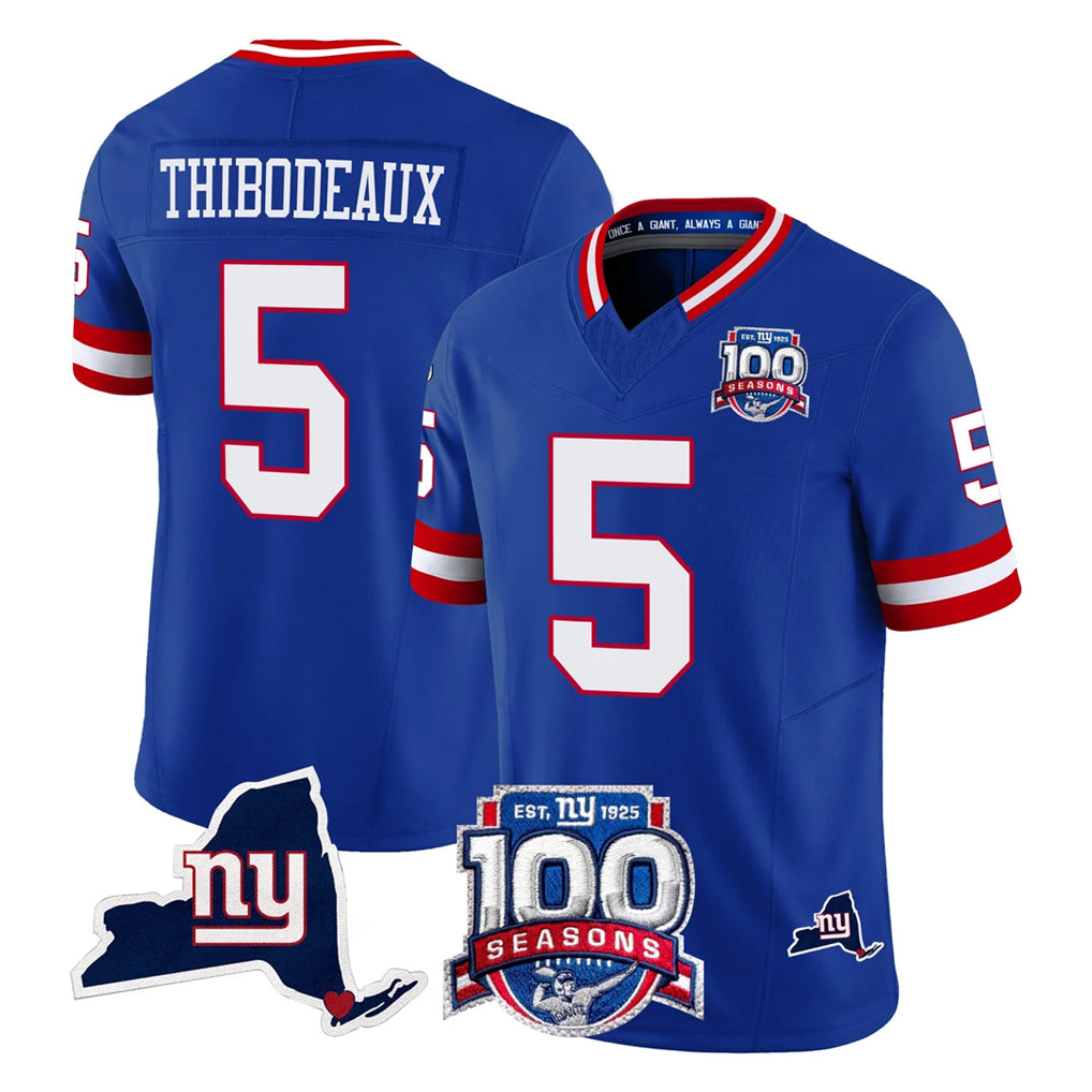 Elroe NY.Giants #5 Kayvon Thibodeaux Player Royal 100th Season & State Patch Vapor Limited Home Game Stitched Jerseys