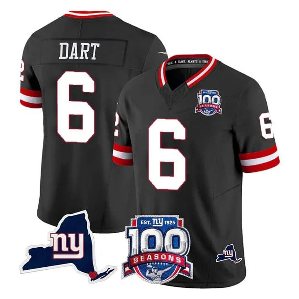 Elroe NY.Giants #6 Jaxson Dart Player Black 100th Season & State Patch Vapor Limited Home Game Stitched Jerseys