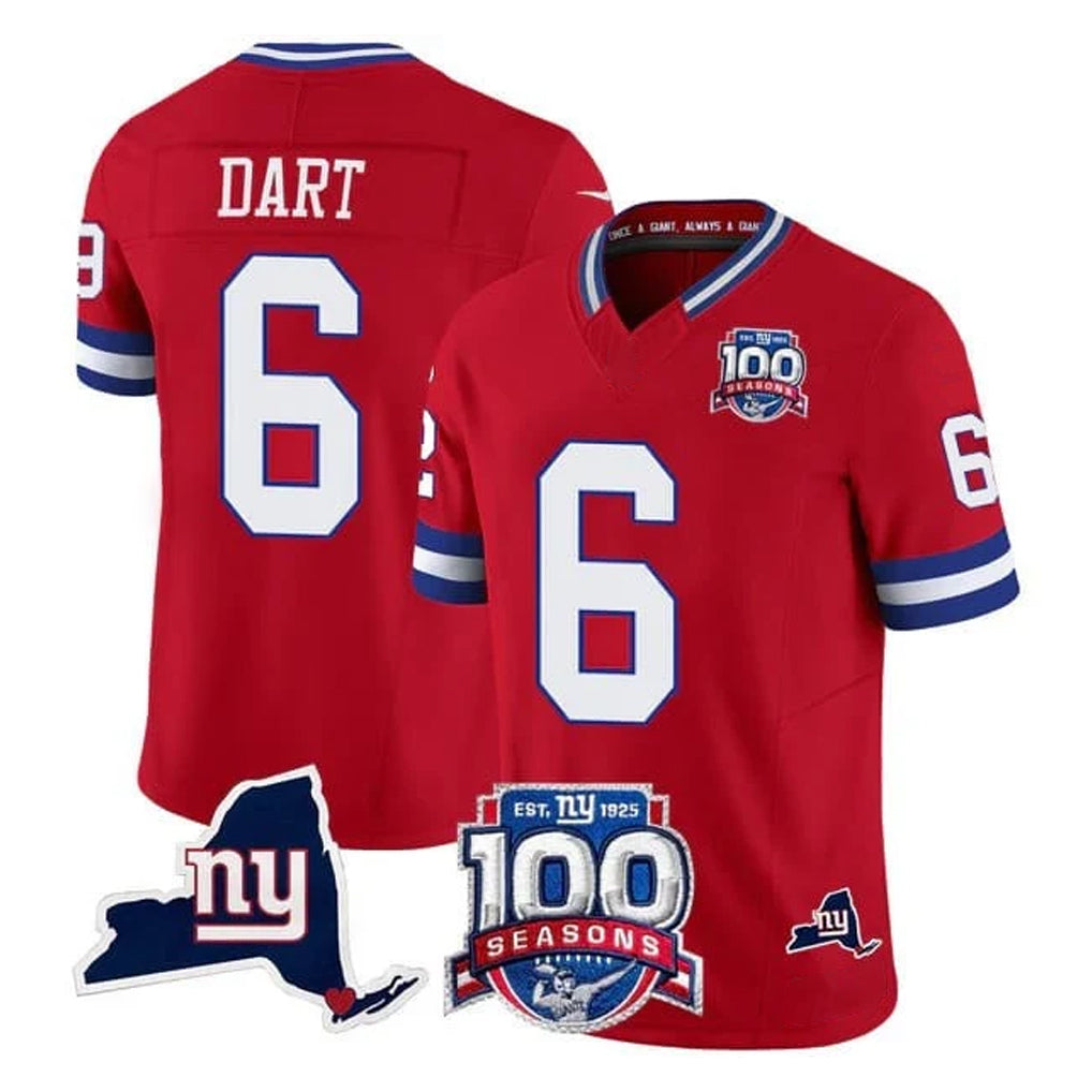 Elroe NY.Giants #6 Jaxson Dart Player Red 100th Season & State Patch Vapor Limited Home Game Stitched Jerseys