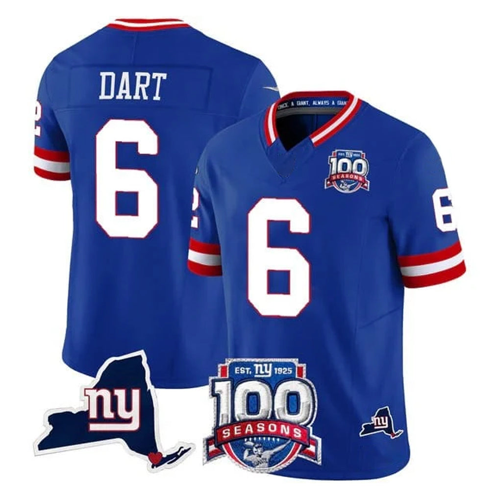 Elroe NY.Giants #6 Jaxson Dart Player Royal 100th Season & State Patch Vapor Limited Home Game Stitched Jerseys