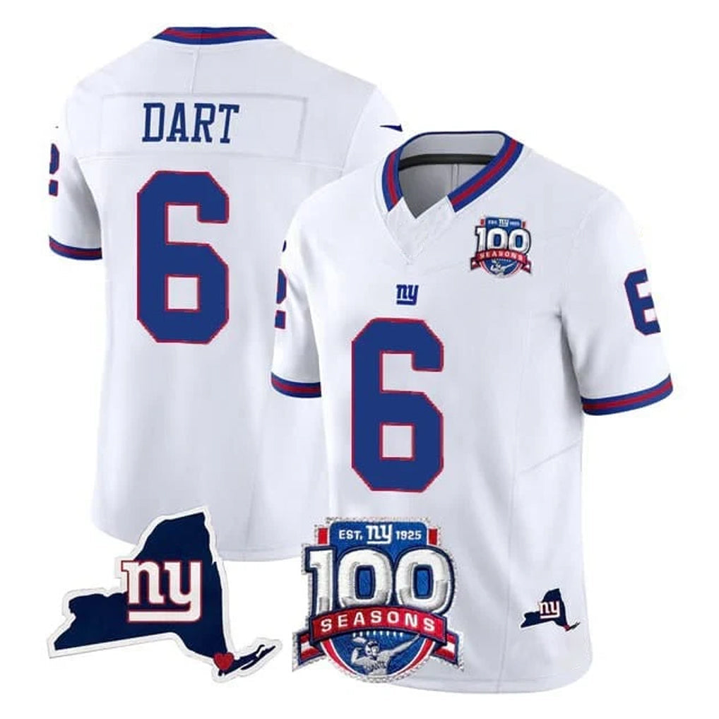 Elroe NY.Giants #6 Jaxson Dart Player White 100th Season & State Patch Vapor Limited Home Game Stitched Jerseys