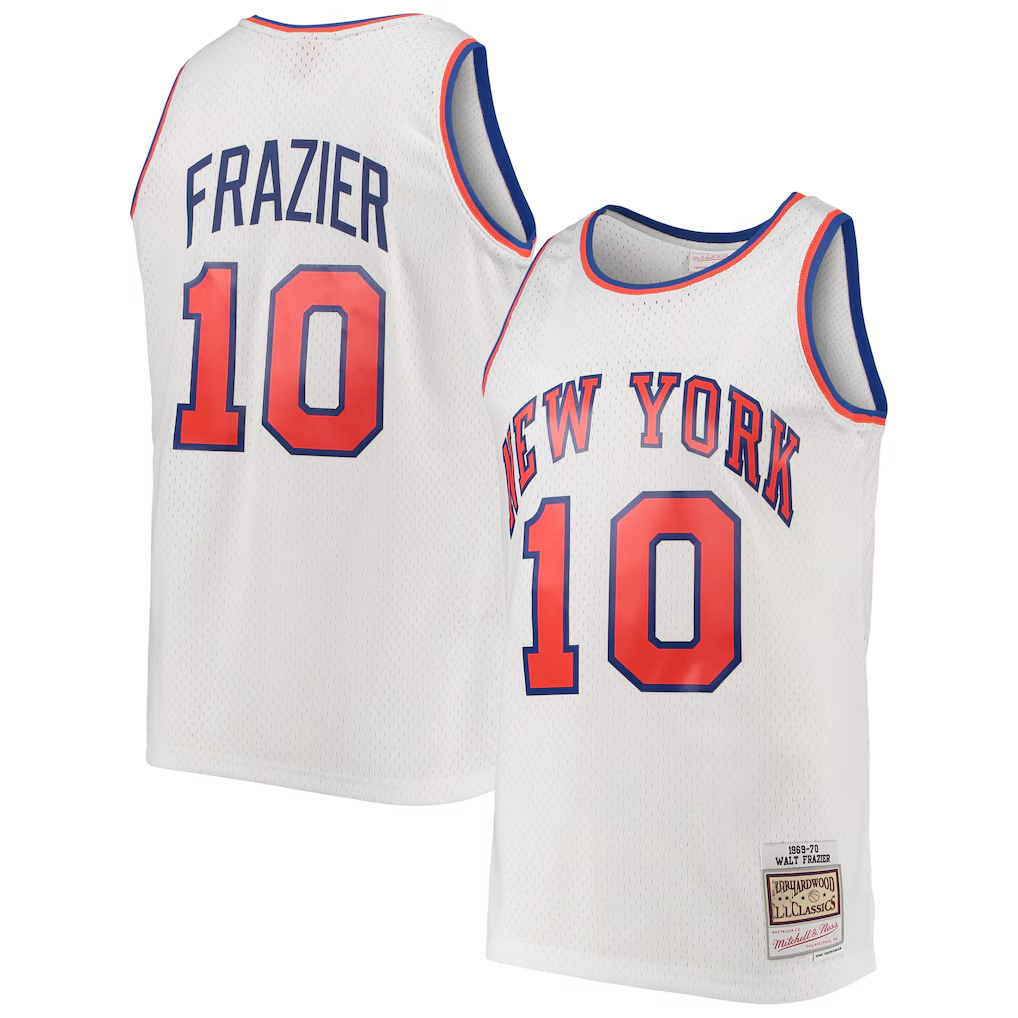 Elroe NY.Knicks #10 Walt Frazier Mitchell & Ness White Hardwood Classics Swingman Jerseys