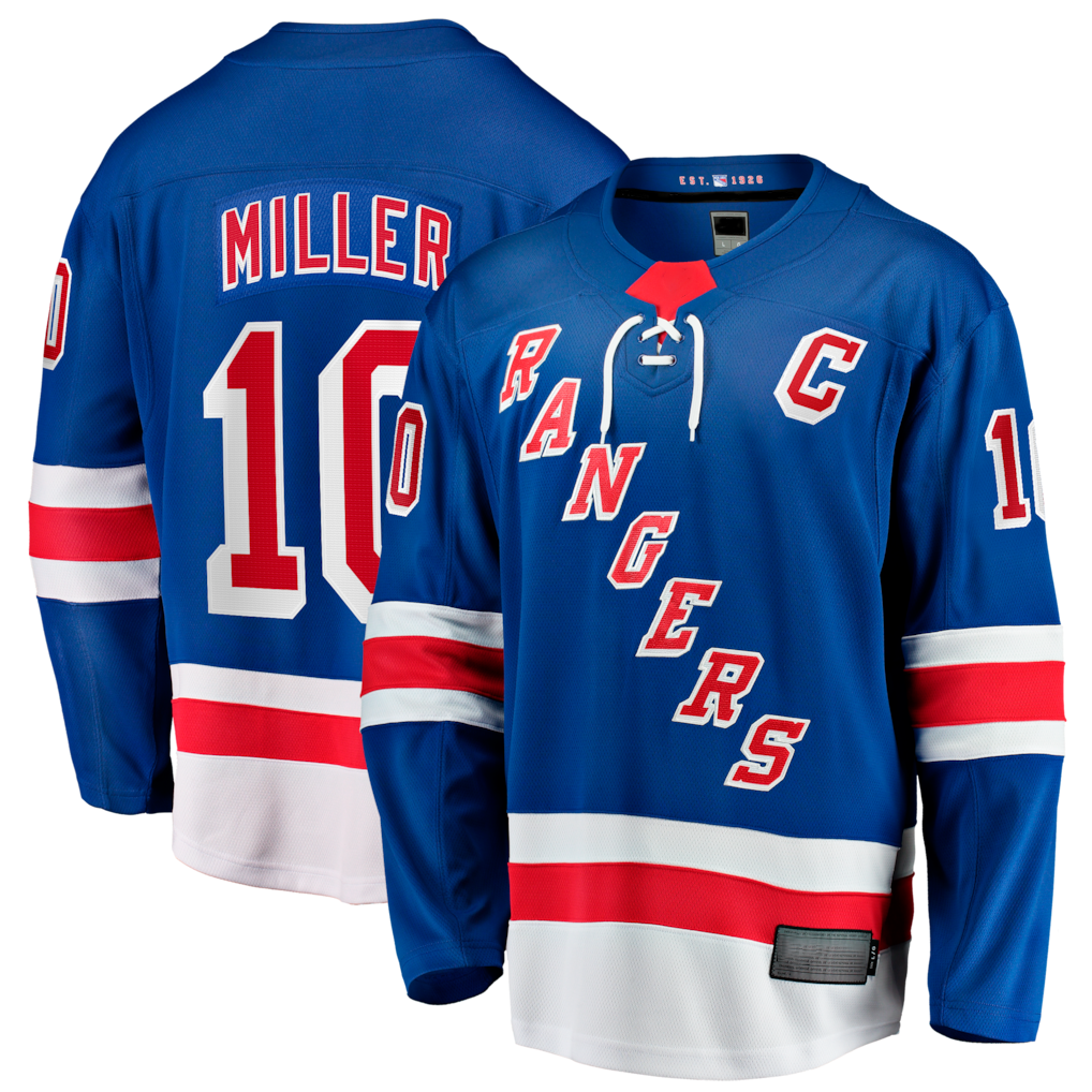 Elroe NY.Rangers #10 JT Miller Blue Home Captain's Patch Breakaway Jerseys
