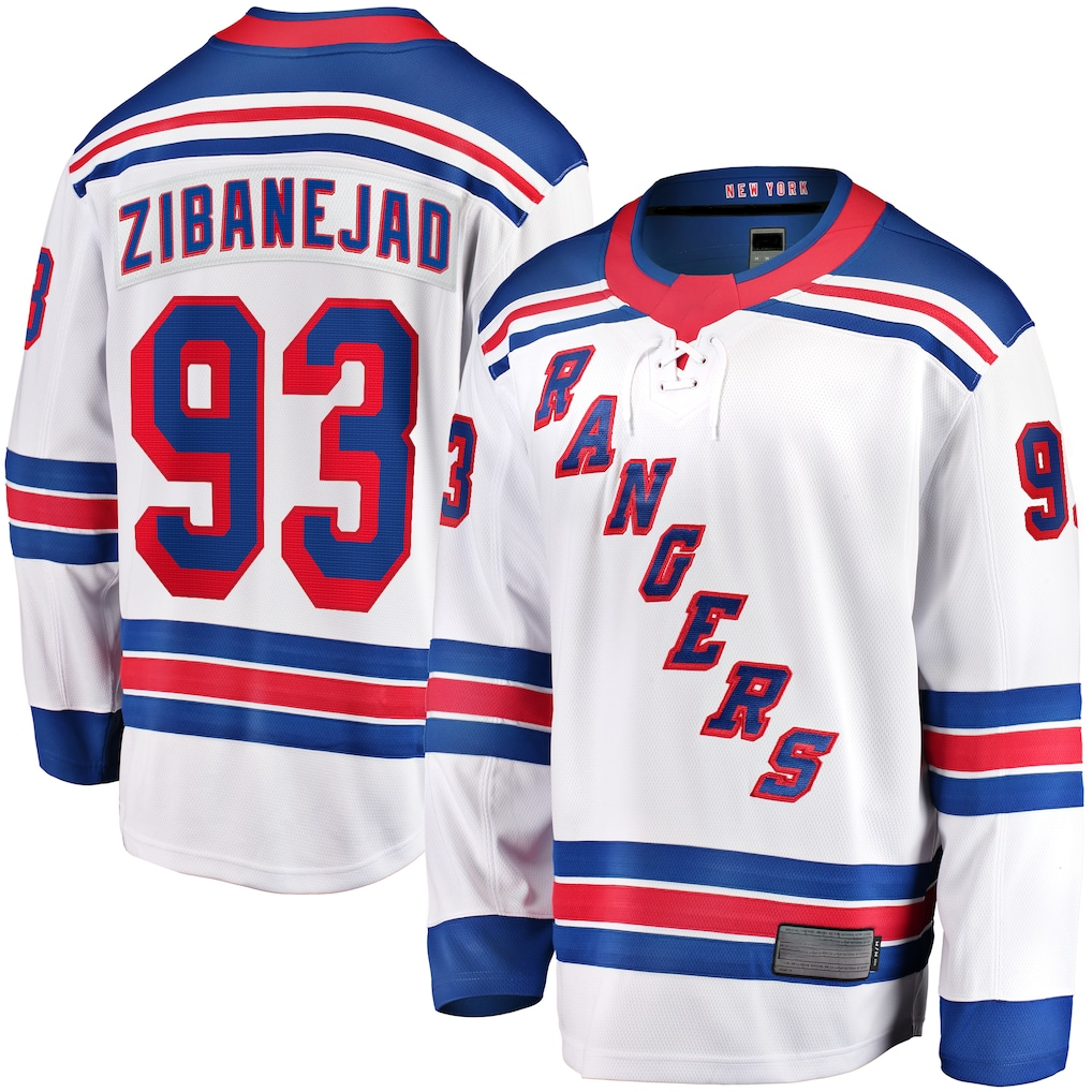 Elroe NY.Rangers #93 Mika Zibanejad White Away Premier Breakaway Player Jerseys