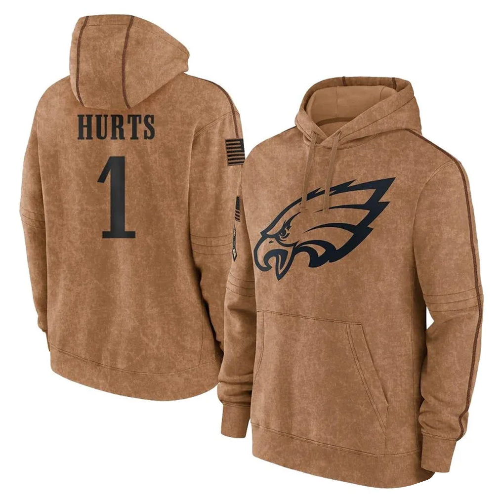 Elroe P.Eagles #1 Jalen Hurts Player Brown Salute to Service Pullover Hoodies Limited Game Stitched Jerseys