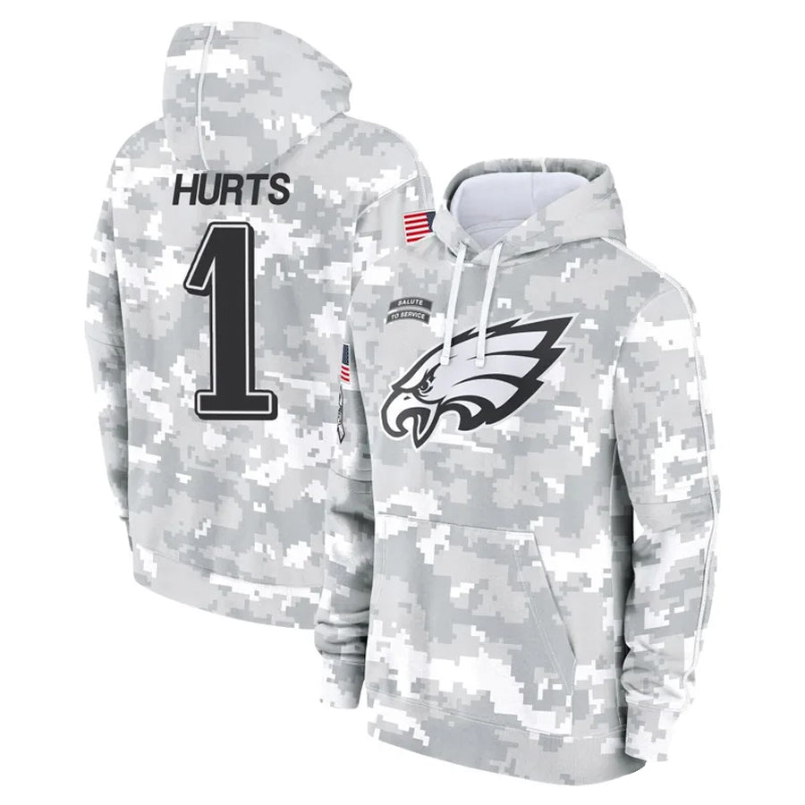 Elroe P.Eagles #1 Jalen Hurts Player Military Hoodie Arctic Camo Salute To Service Stitched Jerseys