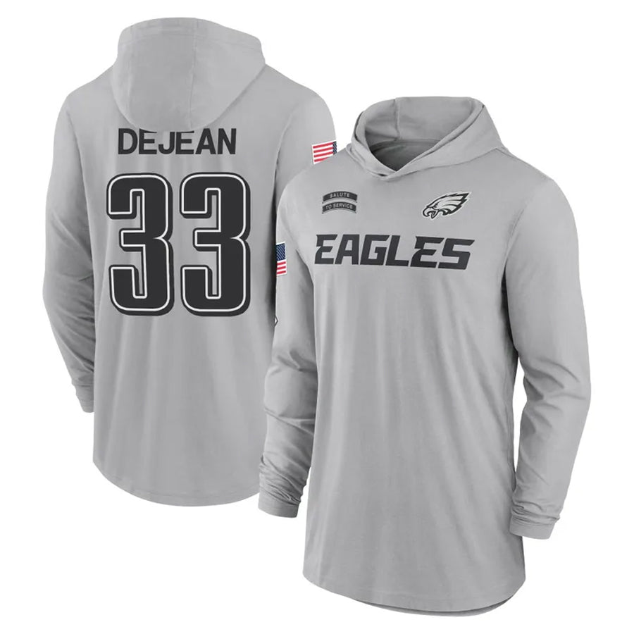 Elroe P.Eagles #33 Cooper DeJean Player Military Hoodie Gray Salute To Service Stitched Jerseys