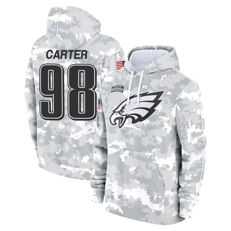 Elroe P.Eagles #98 Jalen Carter Player Military Hoodie Arctic Camo Salute To Service Stitched Jerseys