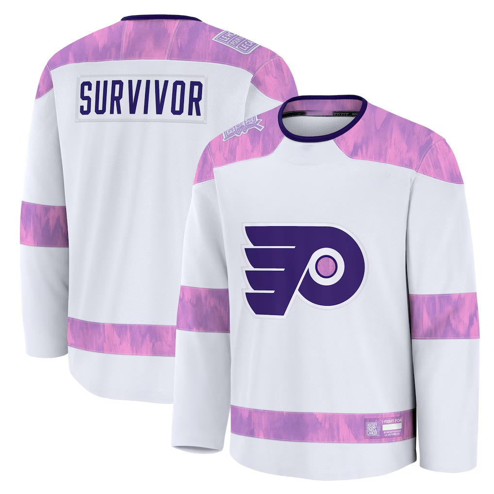 Elroe P.Flyers White Hockey Fights Cancer Deslauriers Practice Jerseys