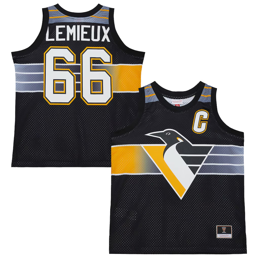 Elroe P.Penguins #66 Mario Lemieux Mitchell & Ness Black Maxxed Out Fashion Basketball Jerseys