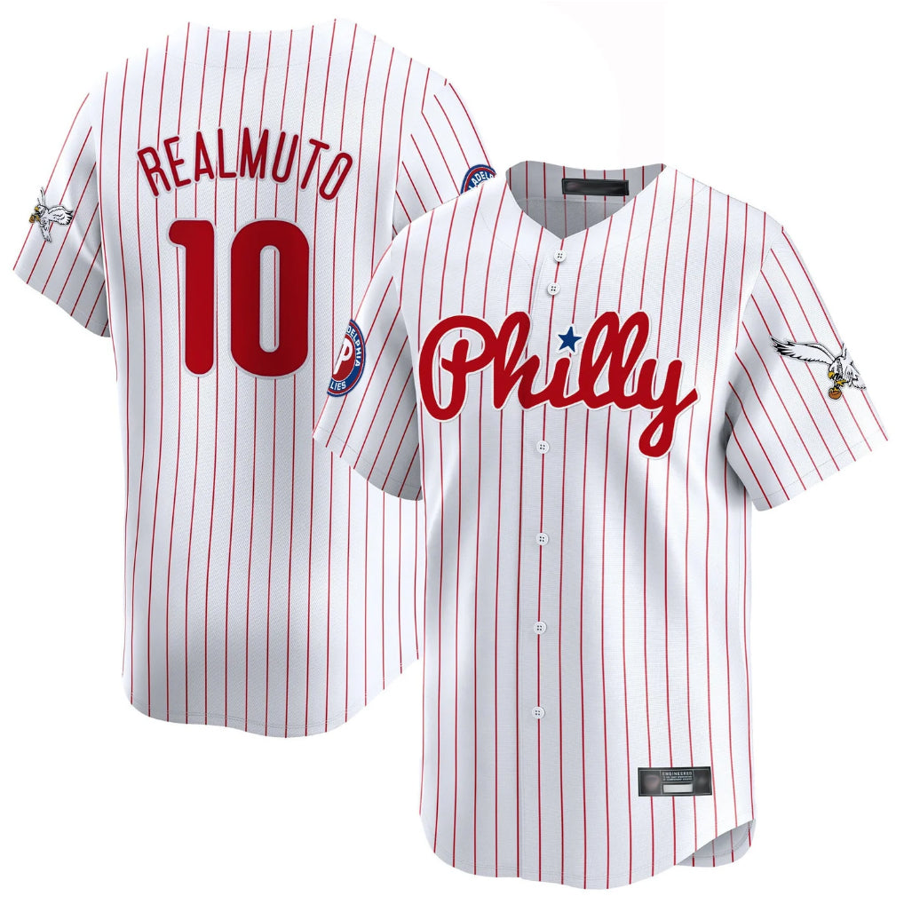 Elroe P.Phillies #10 J.T. Realmuto Player White Pinstripe Phillies & Eagles Vapor Premier Limited Stitched Jerseys