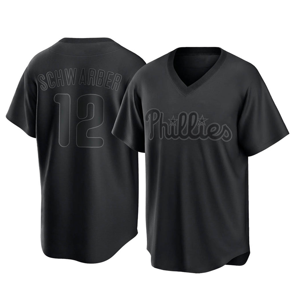 Elroe P.Phillies #12 Kyle Schwarber Player Black Pitch Fashion Limited T-shirt Stitched Jerseys