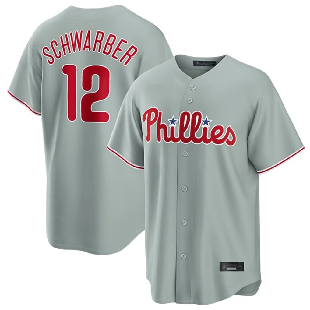 Elroe P.Phillies #12 Kyle Schwarber Player Gray Home Game Stitched Jerseys