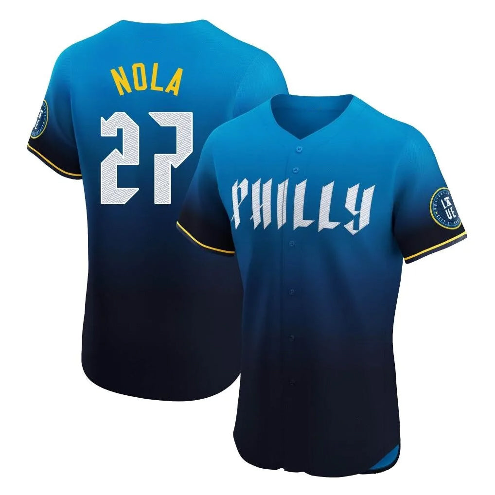 Elroe P.Phillies #27 Aaron Nola Player Blue City Connect Home Limited Elite Stitched Jerseys