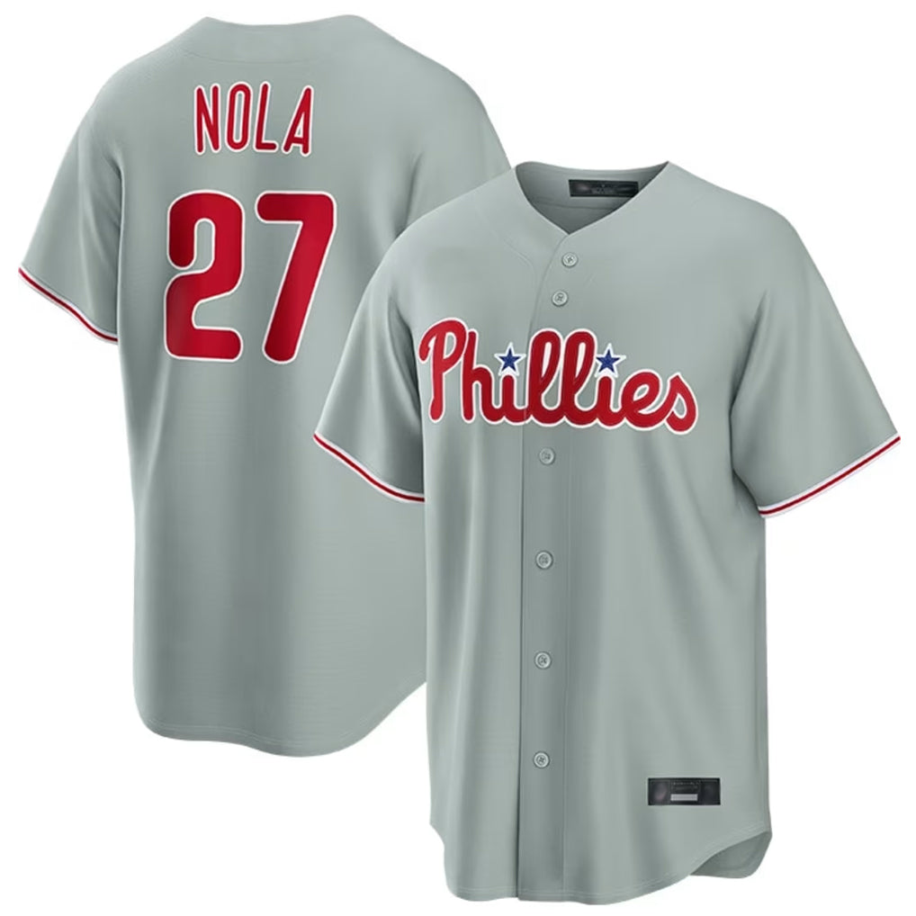 Elroe P.Phillies #27 Aaron Nola Player Gray Home Game Stitched Jerseys