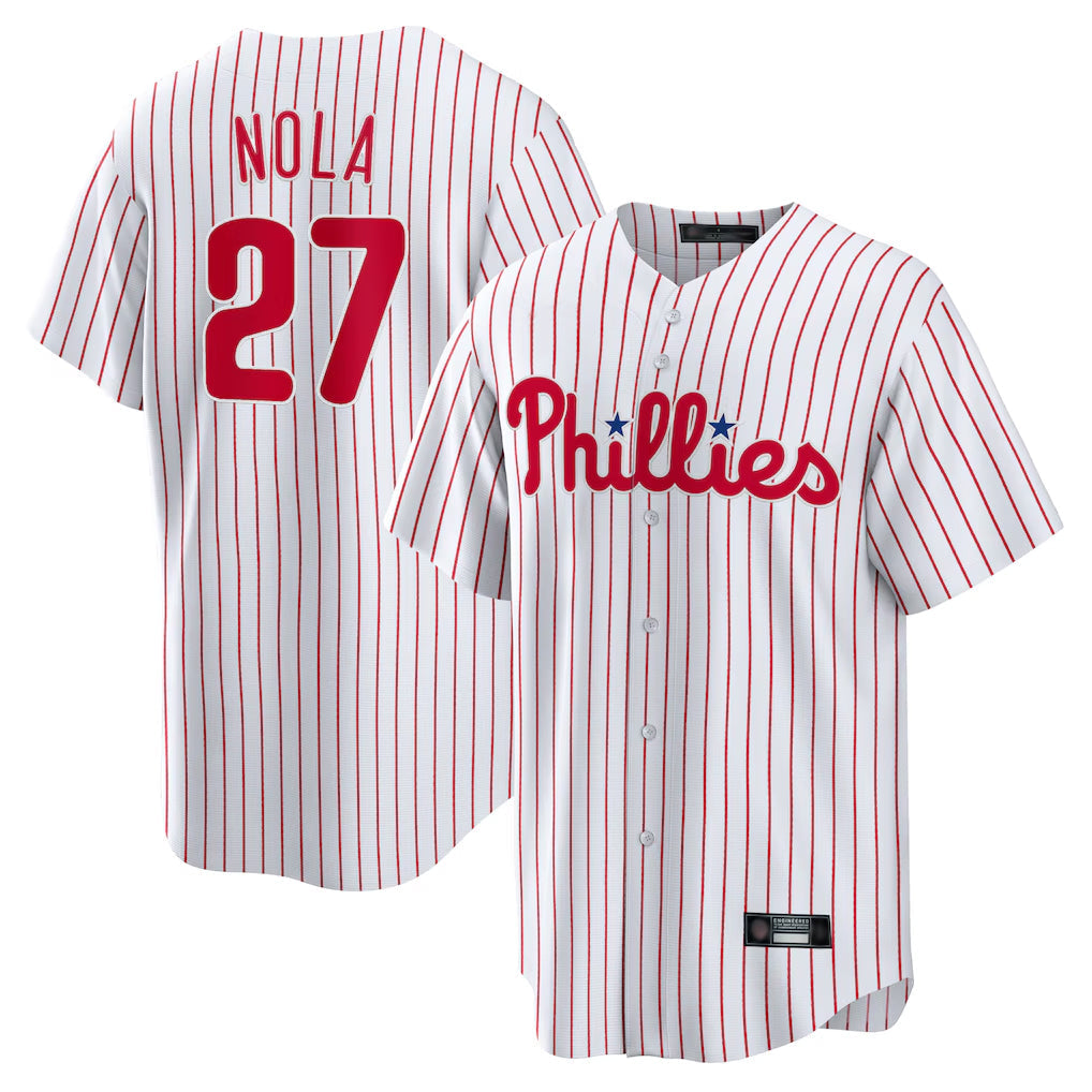 Elroe P.Phillies #27 Aaron Nola Player White Home Game Stitched Jerseys