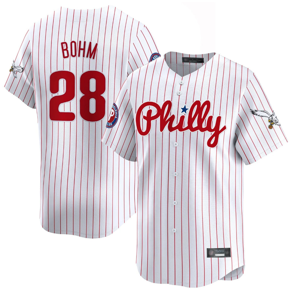 Elroe P.Phillies #28 Alec Bohm Player White Pinstripe Phillies & Eagles Vapor Premier Limited Stitched Jerseys