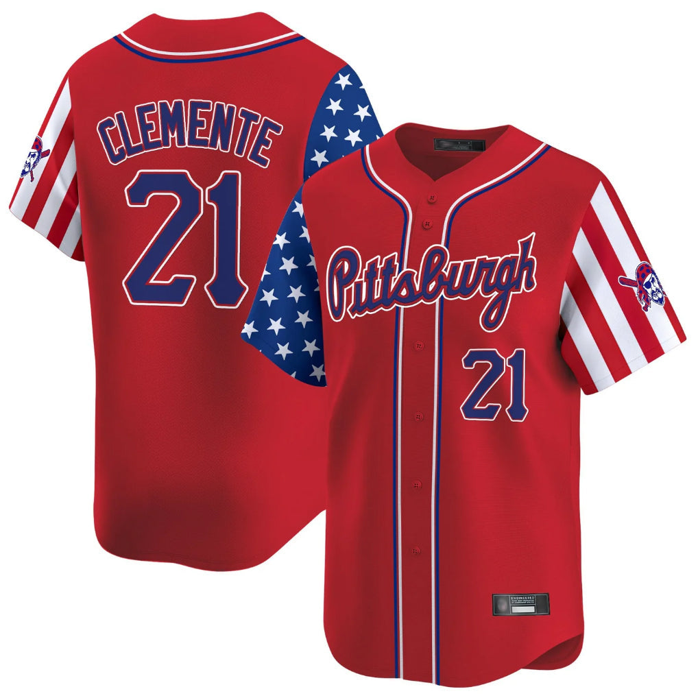 Elroe P.Pirates #21 Roberto Clemente Player Red 2025 Independence Day Vapor Premier Limited Stitched Jerseys