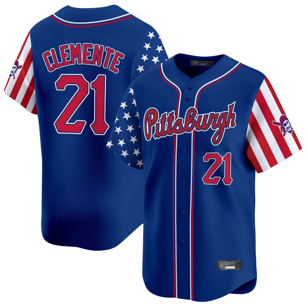 Elroe P.Pirates #21 Roberto Clemente Player Royal 2025 Independence Day Vapor Premier Limited Stitched Jerseys