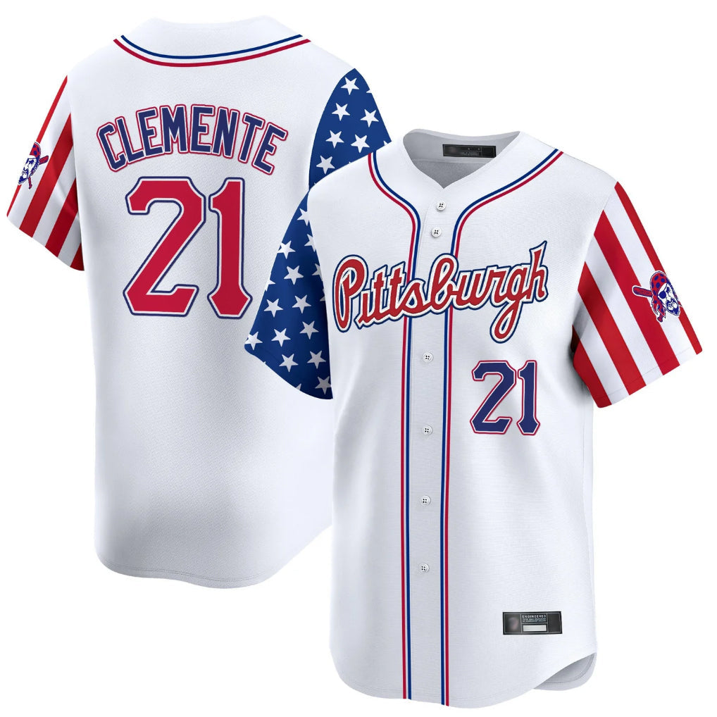 Elroe P.Pirates #21 Roberto Clemente Player White 2025 Independence Day Vapor Premier Limited Stitched Jerseys