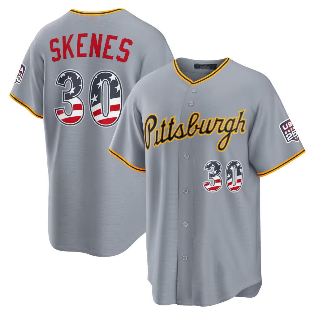 Elroe P.Pirates #30 Paul Skenes Gray USA 250 Fourth of July Road Stadium Jersey