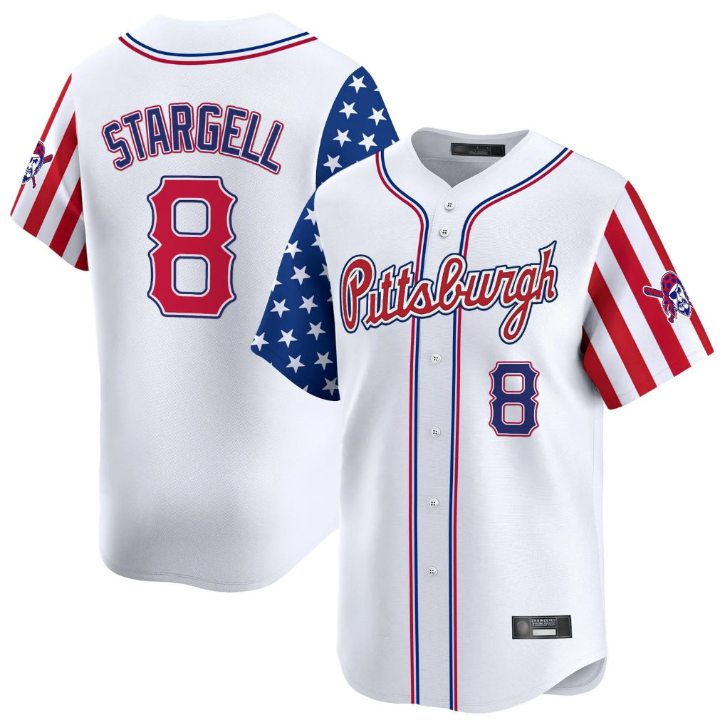 Elroe P.Pirates #8 Willie Stargell Player White 2025 Independence Day Vapor Premier Limited Stitched Jerseys