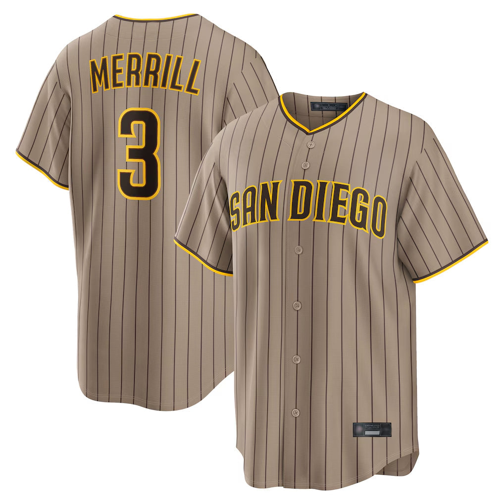 Elroe S.Diego Padres #3 Jackson Merrill Player Khaki Home Game Stitched Jerseys
