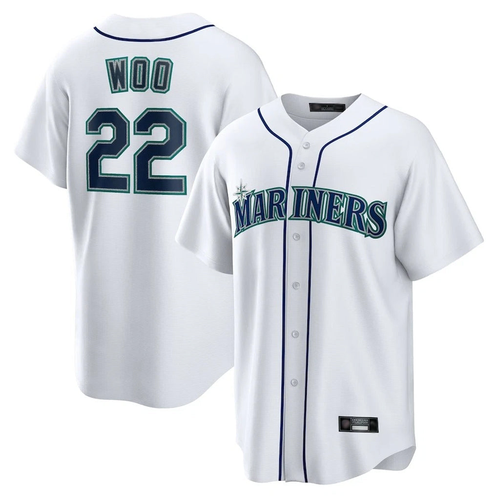 Elroe S.Mariners #22 Bryan Woo Player White Home Game Stitched Jerseys
