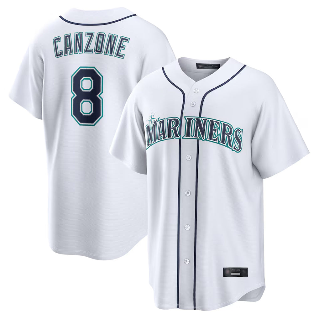 Elroe S.Mariners #8 Dominic Canzone Player White Home Game Stitched Jerseys