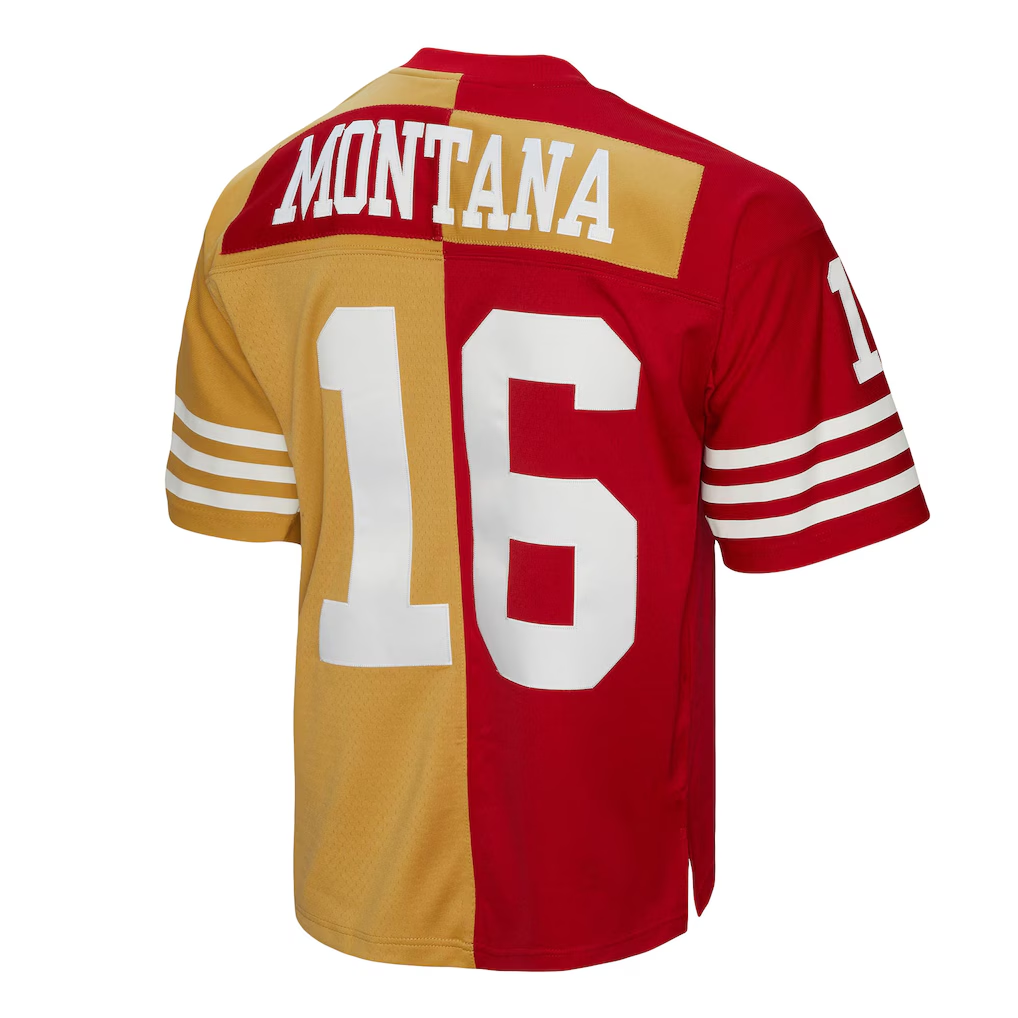 Elroe SF.49ers #16 Joe Montana Mitchell & Ness ScarletGold 1990 Split Legacy Replica Jersey